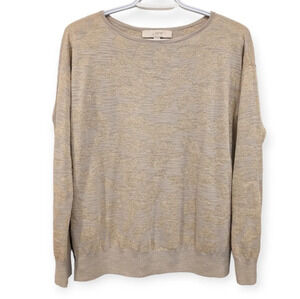 Ann  Taylor Loft Beige & Gold Sparkle Wool Blend Printed Sweater Womans Small